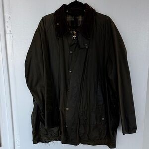 Barbour Dark Olive Waxed Cotton Field Jacket with Brown Corduroy Collar